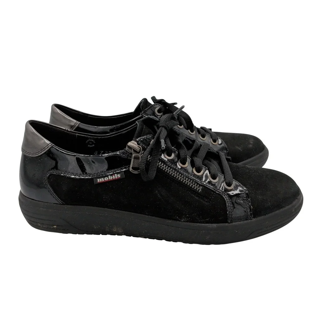 Mephisto Mobils Lenza Womens Black Suede Patent Leather Zip Sneakers 9 Comfort